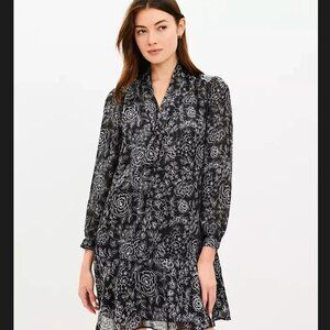 LOFT Etched Floral Bow Flounce Dress - Size Large